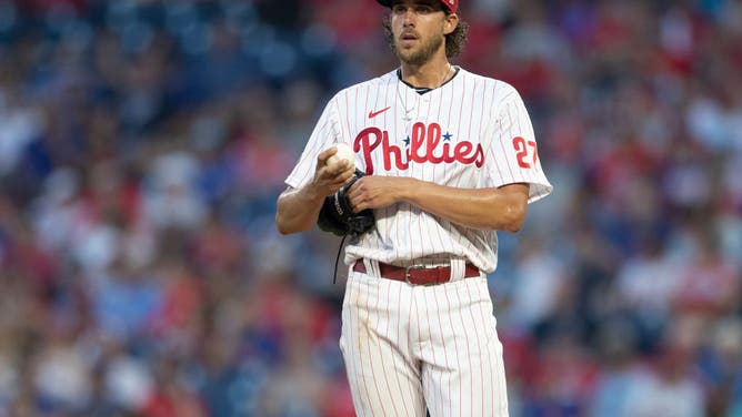 Aaron Nola looks on against the Marlins at Citizens Bank Park in Philadelphia.