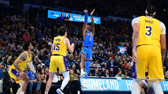Thunder All-Star Shai Gilgeous-Alexander shoots a jumper against the Los Angeles Lakers at Paycom Center in Oklahoma City.