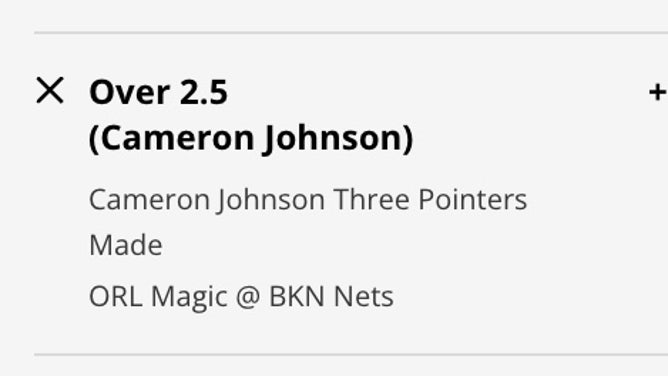 Odds for Nets SF Cameron Johnson's made 3-pointer prop vs. the Magic from DraftKings Sportsbook.