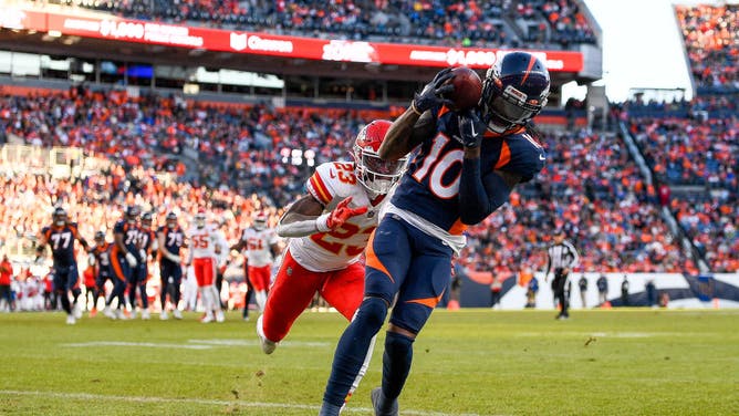 Denver Broncos wide receiver Jerry Jeudy catches a touchdown pass against the Chiefs.