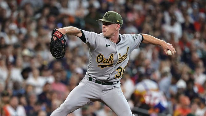 Athletics LHP JP Sears pitches in the 1st inning vs. the Astros at Minute Maid Park in Houston, Texas.