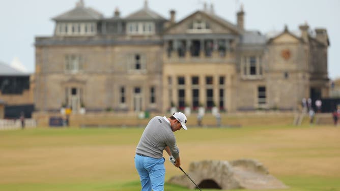 Patrick Cantlay tees off on the 18th hole during Round 4 of The 150th Open at St Andrews Old Course in Scotland.