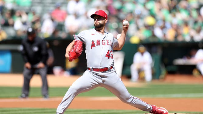 Patrick Sandoval pitches against the Athletics at RingCentral Coliseum in Oakland, California.