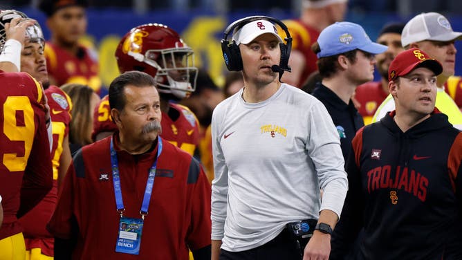 Head coach Lincoln Riley of the USC Trojans looks on late in the game against the Tulane Green Wave in the Goodyear Cotton Bowl Classic.