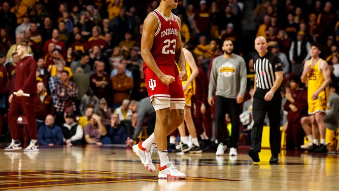 Indiana Hoosiers big Trayce Jackson-Davis reacts to a call on the floor vs. the Minnesota Golden Gophers at Williams Arena in Minneapolis.