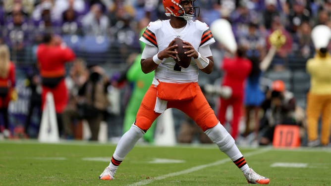 Cleveland Browns QB Jacoby Brissett drops back to pass against the Baltimore Ravens at M&T Bank Stadium in Baltimore, Maryland.