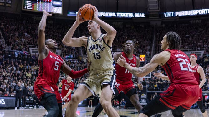 Purdue Boilermakers C Zach Edey makes a move to the basket against Rutgers Scarlet Knights F Aundre Hyatt at Mackey Arena in West Lafayette, Indiana.