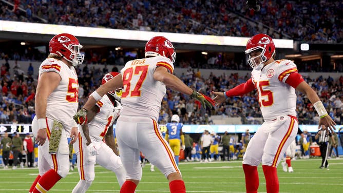 Chiefs' Travis Kelce celebrates his TD with Patrick Mahomes vs. the Los Angeles Chargers at SoFi Stadium in Inglewood, California.