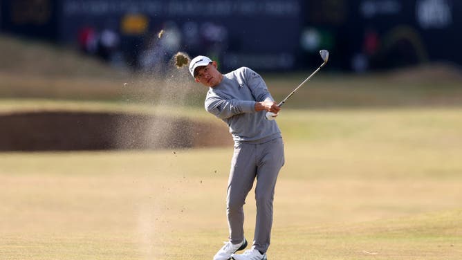 Morikawa plays his second shot on the 9th hole during Round 2 of The 150th Open Championship at St Andrews.