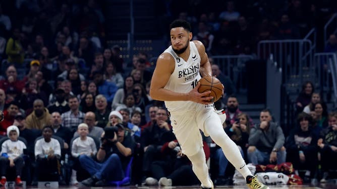 Brooklyn Nets' Ben Simmons moves the ball up the court during the game against the Cleveland Cavaliers at Rocket Mortgage Fieldhouse in Cleveland, Ohio.