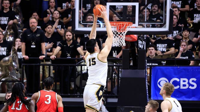 Zach Edey dunks the ball in the game on the Ohio State Buckeyes at Mackey Arena in West Lafayette, Indiana.