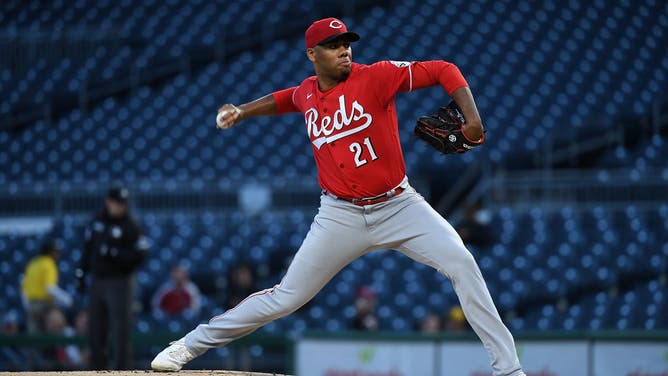 Reds RHP Hunter Greene delivers a pitch in the 1st inning during the game vs. the Pirates at PNC Park in Pittsburgh, Pennsylvania.