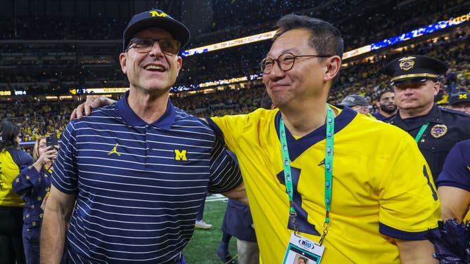 Michigan head coach. Jim Harbaugh has the support of president Santa Ono against the Big Ten, NCAA