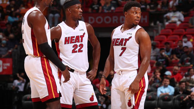 Heat's Bam Adebayo, Jimmy Butler, and Kyle Lowry against the Magic at American Airlines Arena in Miami.