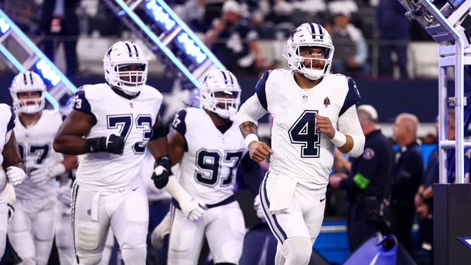 The Dallas Cowboys runs onto the field prior to a Week 14 game vs. the Philadelphia Eagles at AT&T Stadium in Arlington, Texas.