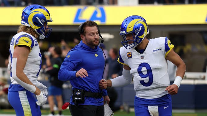 Rams QB Matthew Stafford celebrates with head coach Sean McVay after a TD pass against the Cleveland Browns at SoFi Stadium in Los Angeles.