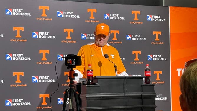 Tennessee head coach Josh Heupel speaks to the media during Vols fall camp 2022