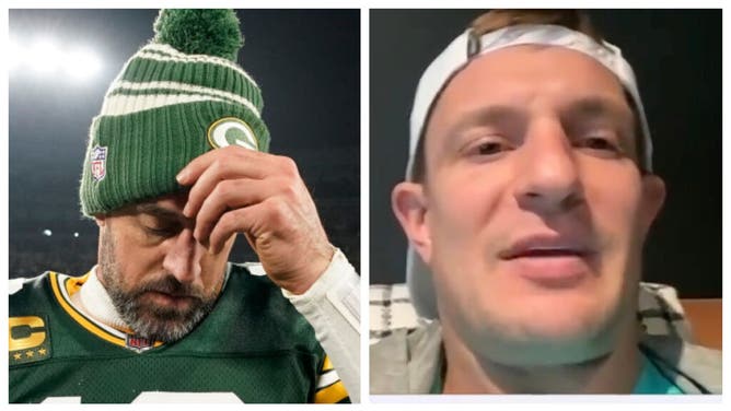 Rob Gronkowski responds to Aaron Rodgers' MVP comments. (Credit: Getty Images and Screenshot/Twitter Video https://twitter.com/UpAndAdamsShow/status/1615754506079457282)
