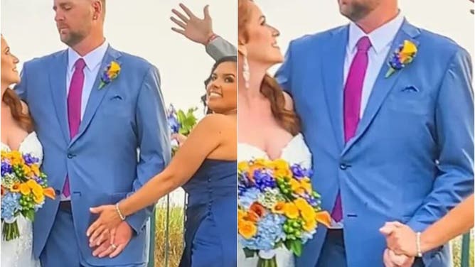 Bridesmaid Gets Handsy With The Groom As Wedding Photos Are Taken