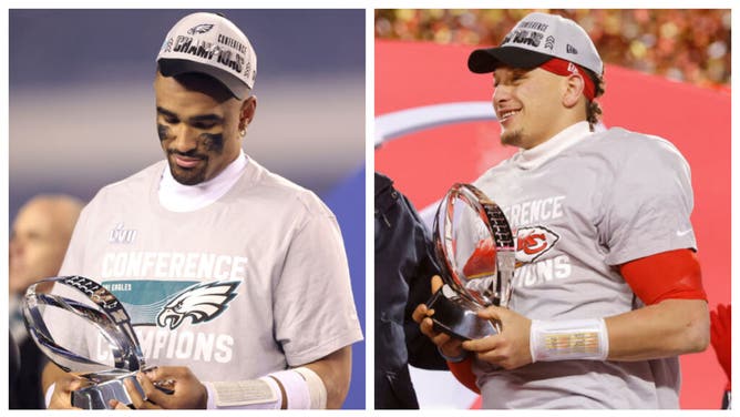 Expect Jalen Hurts and Patrick Mahomes to deliver massive ratings for the NFL in the Super Bowl. (Photos via Getty Images)
