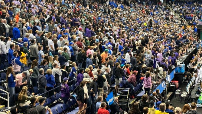 Kansas State fans celebrate the win over Kentucky