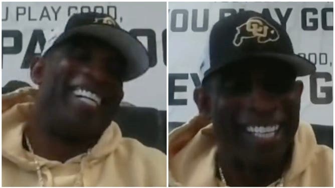 Colorado football coach Deion Sanders laughs about more than 40 players transferring. (Credit: Screenshot/Twitter Video https://twitter.com/PatMcAfeeShow/status/1651263560939634688)