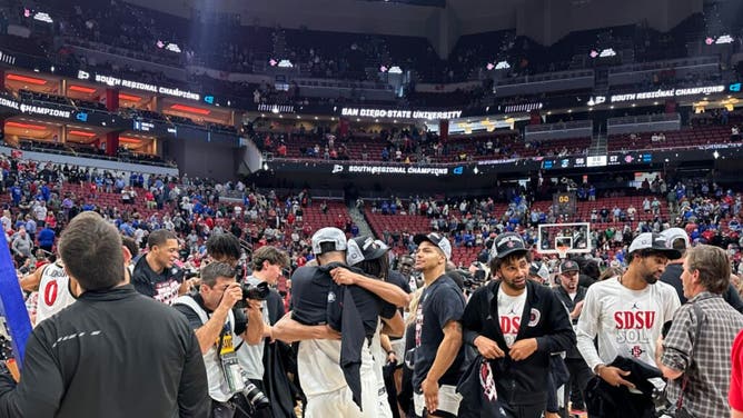 San Diego State players celebrate the win over Creighton, sending them to Final Four