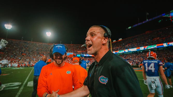 Florida head coach Billy Napier celebrates a touchdown during the game against the Utah Utes on September 3, 2022.