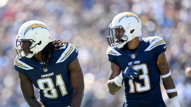 Chargers WRs Mike Williams and Keenan Allen line up before the snap against the Rams at Los Angeles Memorial Coliseum.