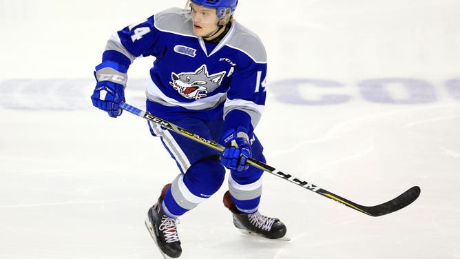 Macauley Carson, who likes to channel his inner Happy Gilmore, of the Sudbury Wolves skates during an OHL hockey game.