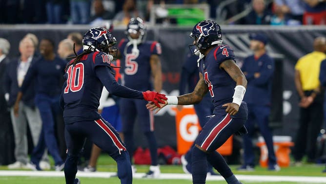 DeAndre Hopkins congratulates Watson after a TD pass while playing for the Houston Texans at NRG Stadium in Texas.