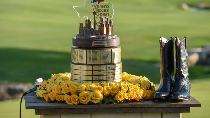 The trophy and boots are ready for the winner of the Valero Texas Open at the TPC San Antonio Oaks Course in Texas.