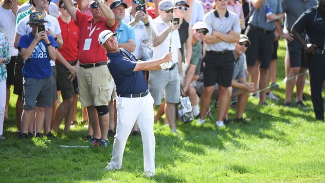 Chez Reavie watches his shot from the rough during the 2nd round of the 2019 Rocket Mortgage Classic at Detroit Golf Club in Michigan.