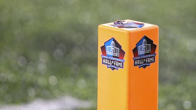 The end zone marker is seen during the 2019 NFL Hall of Fame Game between the Atlanta Falcons and Denver Broncos in Canton, Ohio.