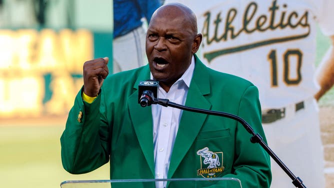 Former pitcher Vida Blue of the Oakland Athletics speaks as he is inducted into the team's Hall of Fame before the game against the Texas Rangers at the RingCentral Coliseum on September 21, 2019 in Oakland, California.