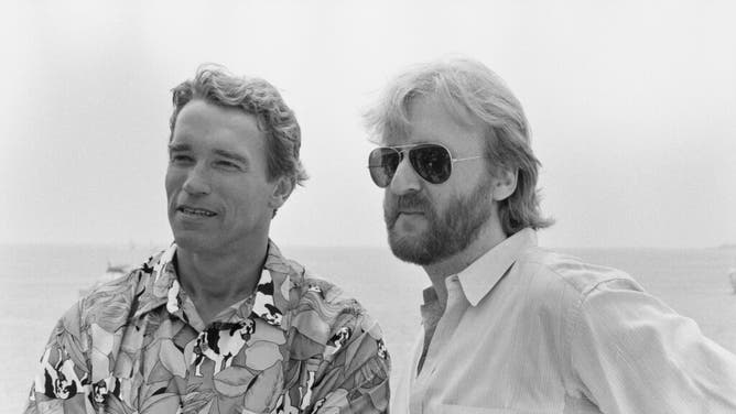 Arnold and Canadian filmmaker James Cameron at a press conference in May 1990.