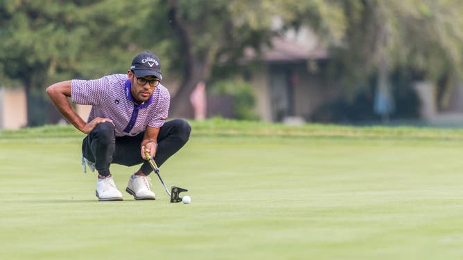 Akshay Bhatia lines up his putt during the 2nd round of the Safeway Open at Silverado Country Club.