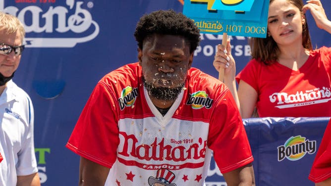 Competitive eater Gideon Oji participates in the 2021 Nathan's Famous 4th Of July International Hot Dog Eating Contest.