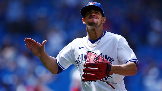 Berrios reacts after striking out Royals OF Edward Olivares at Rogers Centre in Toronto, Canada.