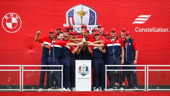 Team USA with the trophy following their 19-9 victory at the 43rd Ryder Cup at Whistling Straits in Sheboygan, Wisconsin.