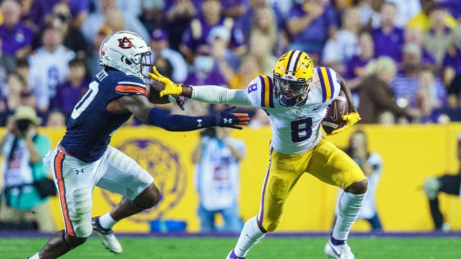 LSU Tigers WR Malik Nabers catches a pass against the Auburn Tigers at Tiger Stadium in Baton Rouge, Louisiana.
