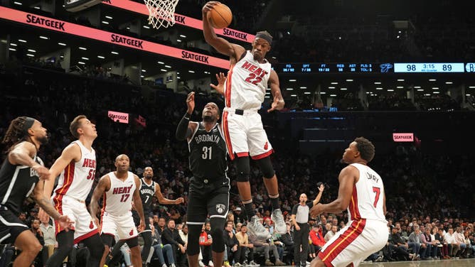 Heat's Jimmy Butler grabs a rebound vs. the Nets at Barclays Center in Brooklyn, New York.