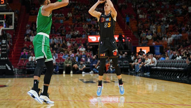 Heat SG Duncan Robinson shoots a 3-pointer vs. the Boston Celtics at FTX Arena in Miami.