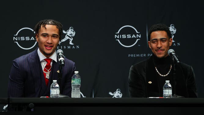 Quarterback C.J. Stroud from Ohio State and quarterback Bryce Young from Alabama during The Heisman Trophy finalists press conference.
