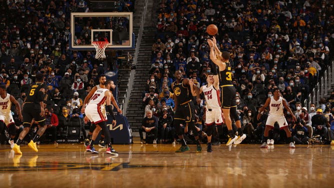 Golden State Warriors Steph Curry getting a 3-ball off on the Miami Heat at Chase Center in San Francisco.