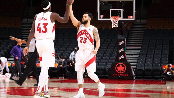 Toronto Raptors PG Fred VanVleet high-fives SF Pascal Siakam at the Scotiabank Arena in Toronto.
