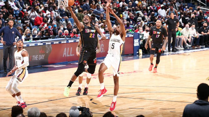 Miami Heat SF Jimmy Butler gets a layup vs. the New Orleans Pelicans at the Smoothie King Center in New Orleans.