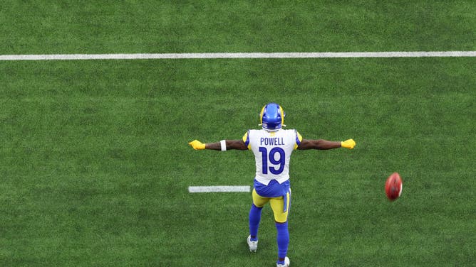 Los Angeles Rams wide receiver Brandon Powell lets the kickoff go into the endzone for a touchback.