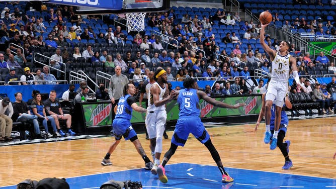 Tyrese Haliburton puts up a floater vs. the Magic at Amway Center in Orlando, Florida.