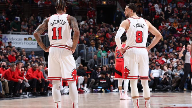 Chicago Bulls All-Stars DeMar DeRozan and Zach LaVine during a game against the Toronto Raptors at United Center in Chicago.